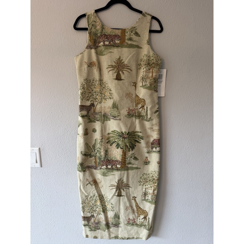 Vintage Ultra Dress Size 10 Tan Multi Color Safari Print Beaded Sleeveless Lined